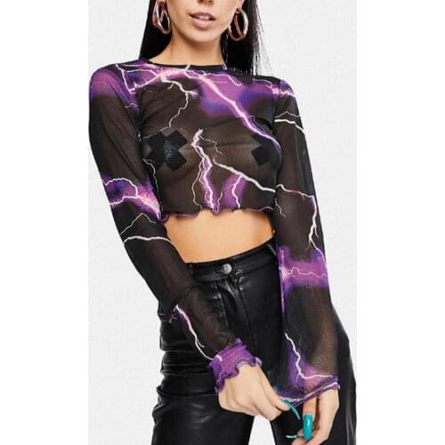 Womens mesh see-through top tight-fitting knit round neck bottoming shirt Printed Long Sleeve Crop Top for Dating