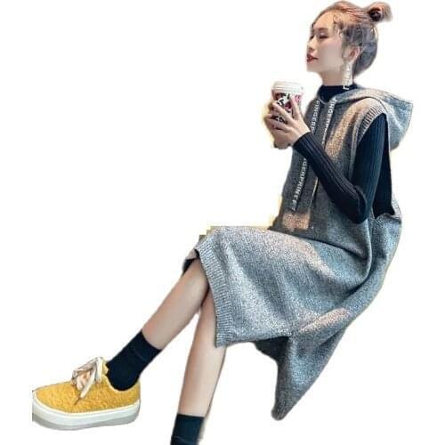 Single Piece/Set Fashion Vest Suit SkirtFemale 2021 New Autumn/Winter Sweater Knitted Hooded Mid-Length Slim Sweater