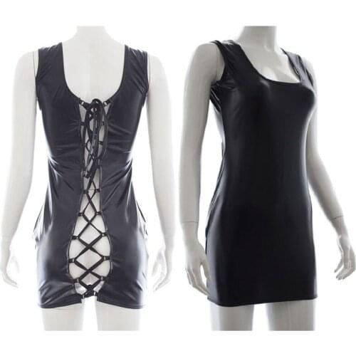 Female Black Fetish Wet Look Shiny PVC Leather Lace Up Above Hip Mini Dress Front or Back Revealing Sexy Costume