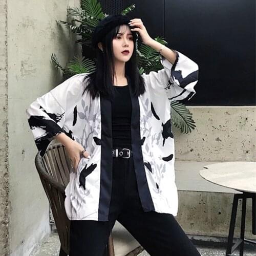 Japanese Kimono Cardigan Women Summer Crane pattern Print Blouse Coat 2019 New Fashion Causal Cardigans Top Clothing