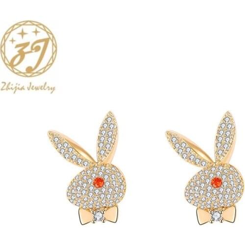 Zhijia cute animal rabbit stud earrings for women crystal rhinestone earrings jewelry party accessories