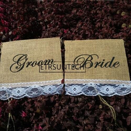 50sets Chair Sign "Groom Bride" Burlap Lace Banner Garland Rustic Wedding Decor Jute Photography Props DIY Materials