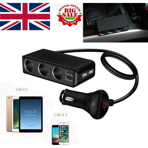 4 USB Port 3 Way Car Cigarette Lighter Socket Splitter 120W Output Power Adapter 12~24V Charger Fast Charging Voltmeter Display