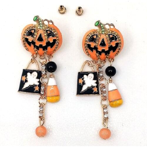 Halloween Jewelry Accessories Funny Pumpkin Rhinestone Tassel Ghost Pendant Women Long Hanging Earrings for Party