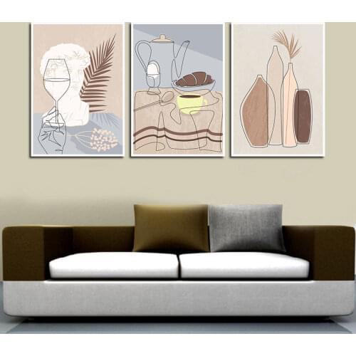 Bohemian Poster Abstract Cartoon Kitchen Wall Decor Line Art Vase Teapot Sculpture Canvas Painting for Living Room Interior