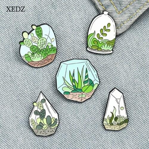XEDZ Glass plant potted enamel brooch fashion cartoon cactus sink landscape stone green plant potted badge jewelry jewelry gift