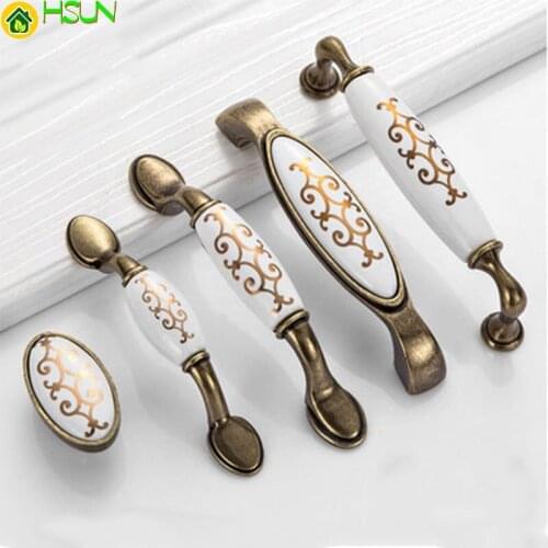 Flower Door Antique Ceramic Golden hook Handles Kitchen Cabinet Handles Metal Furniture Drawer Pulls CZ-0075