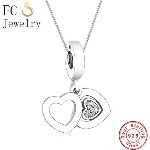 FC Jewelry 925 Sterling Silver Couple Heart Mix Clear Zirconia Pendant Necklaces Women Femme Girl Chain Choker Trinket Gift 2018