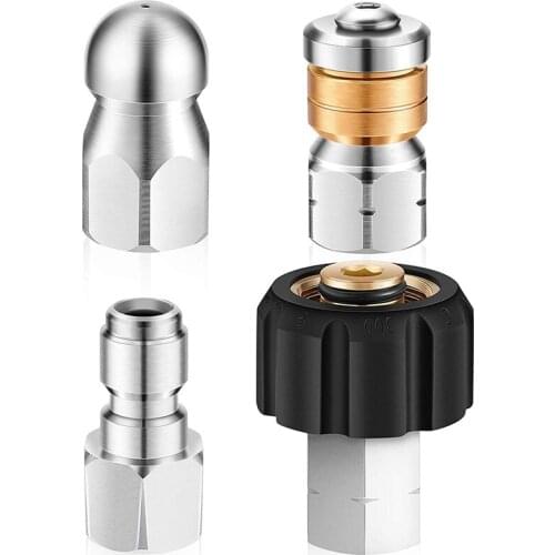 4 Pieces Sewer Jetter Nozzle Kit for Pressure Washer Stainless Steel Fixed Rotating Sewer Nozzle Quick Adapter Plug
