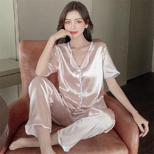 Summer Women Pajamas High Quality Homewear Luxury Pajamas Cardigan shorts Short sleeve Ice silk Pajamas lapel bow-knot Pajamas