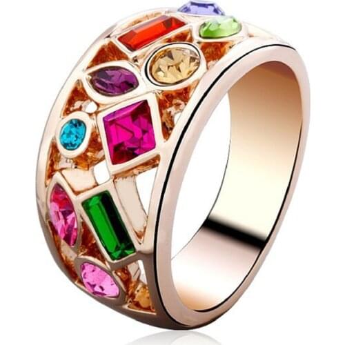 MOONROCY Colourful Crystal Ring Cubic Zirconia Rose Gold Color Bohemia Jewelry Multicolor Rings for Women Dropshipping