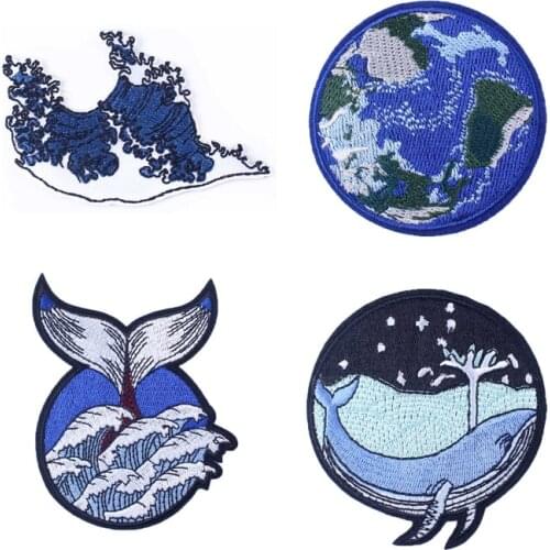 Sea Wave Patch Iron On Patches On Clothes Embroidered Whale Patch Sew On Jacket Earth Ocean Sticker For Hat Applique Accessories