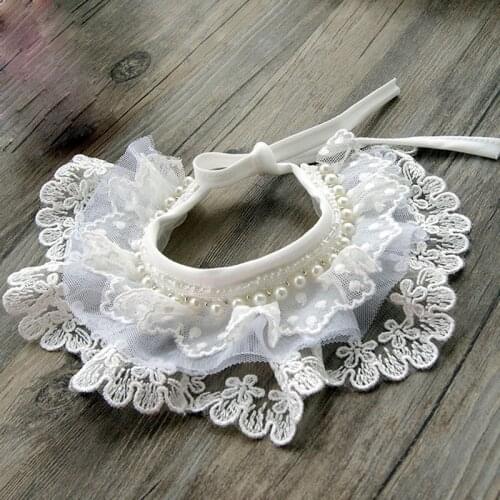 Pet Dog Accessories White Handmade Lace Embroidery Adorn Pearl Puppy Adjustable Lacing Necklace Collar Cat Dog Grooming Supplies