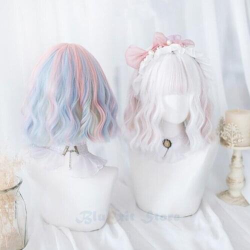 Mixed Blue Pink White Lolita Wig Harajuku Fairy Summer Icecream Curly Sweet Fringe Adult Girls Cosplay Synthetic Hair