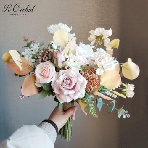 PEORCHID Vintage Ivory&Pink Bridal Boquet Rose Wedding flowers Bouquet Artificial Eucalyptus Bouquet De fleur Bride Decoration