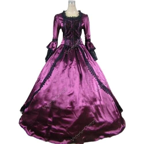Marie Antoinette Renaissance Purple Satin Gown Dress with Train Dark Witch Theater Costume