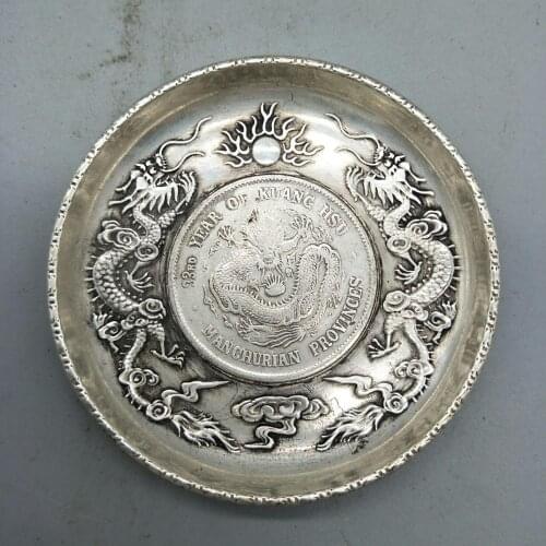 Copper-white-copper-silver tray, Shuanglong opera, pearl-silver-yuan tray, Retro Tea cushion, cup cushion, copper dish, ashtray