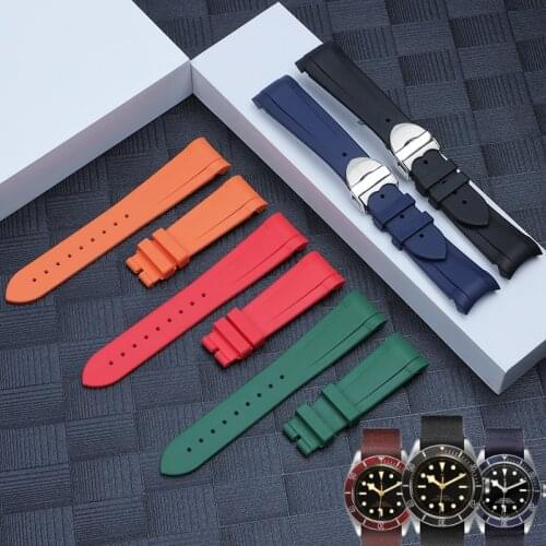 22mm Natural Soft Rubber Silione watch band Special for Tudor Black Bay GMT Curved End Folding buckle Black Blue Red Wrist Strap