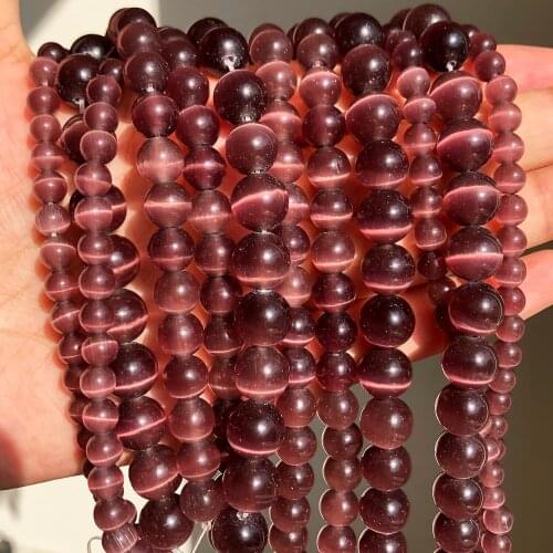 4-10mm Dark Purple Cat Eye Opal Stone Natural Glass Loose Round Spacer Beads for Jewelry Making DIY Bracelet Charms Necklace