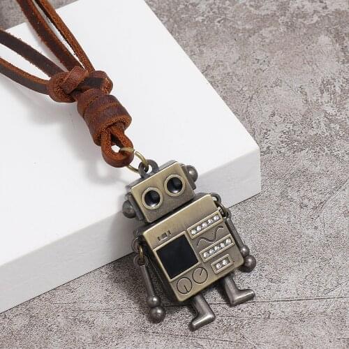 Vintage Metal Robot Bear Pendant Necklace for Men Women Punk Retro Handmade Braided Adjust Long Choker Necklaces