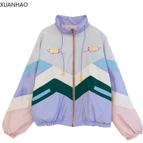 XUANHAO Makaron Color Women Coats Patchwork Cartoon Embroidery Thicken Warm Winter Jacket Cute Sweer Coat Female Velvet Jackets