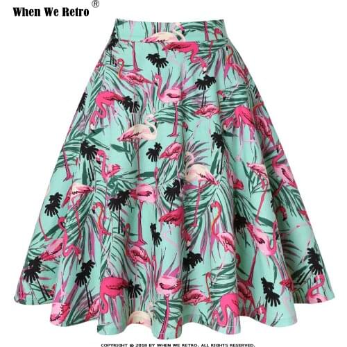 When We Retro Flamingo Print Skirts Cotton Women Ladies School A Line Knee Length High Waist Green Swing Vintage Skirt VD0020