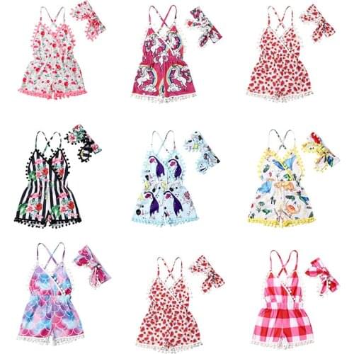 0-3Y Summer Infant Baby Girls Overalls Shorts Flowers Print Tassel Sleeveless V Neck Jumpsuits Rompers