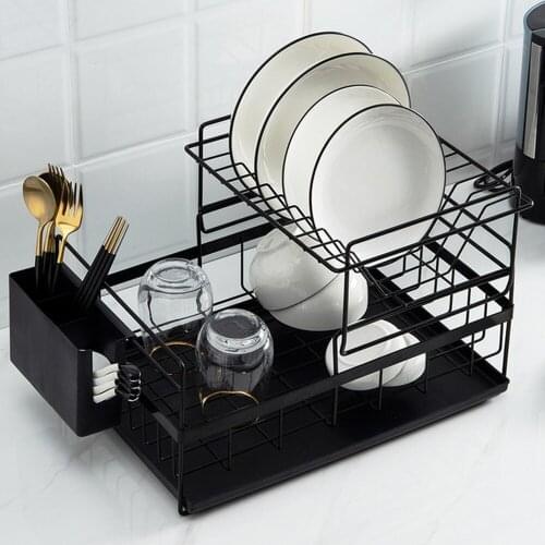 2-Tier Dish Drying Rack with Drainboard Drainer Kitchen Light Duty Countertop Utensil Organizer Storage for Home Black