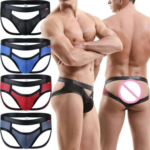 4PCS/Lot Sexy Mens Underwear Briefs Open Butt Male Homme Panties Hollow Out Mesh Underpants Bluge Pouch Jockstraps Mens Briefs