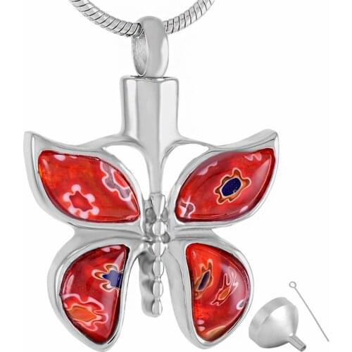 9526 Memorial Urn Jewelry Stainless Cremation Necklace for Ashes Waterproof - Red Murno Glass Butterfly