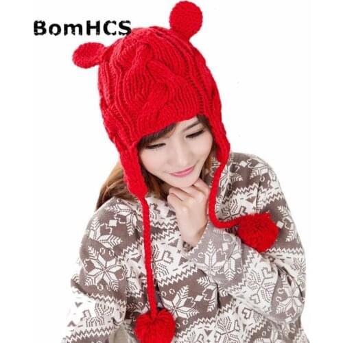 BomHCS Cute Girls Pussycat Ears Beanie 100% Handmade Knit Womens March Hat Cat Ear Cap Winter