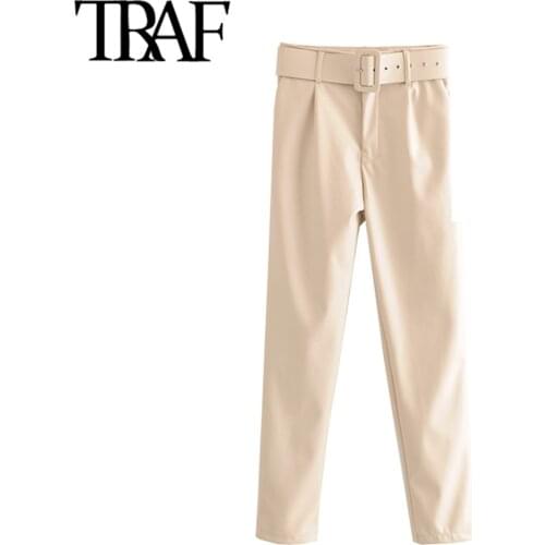 TRAF Women Vintage Stylish Office Wear PU Faux Leather With Belt Pants Fashion High Waist Zipper Fly Female Trousers Pantalones