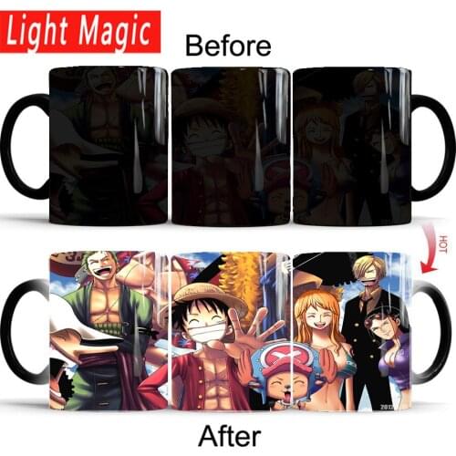 One piece luffy coffee mug 350ml/12oz Mugs Heat Sensitive Tea Milk Cup Black Color Changing Magic Ceramic Mug