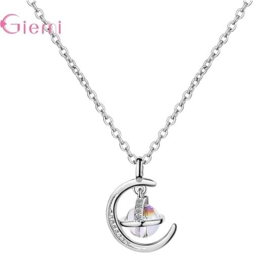 925 Sterling Silver Minimalist Crescent Moon Pendant Necklace Charm Zircon Planet Women Jewelry Clavicle Chain Necklace
