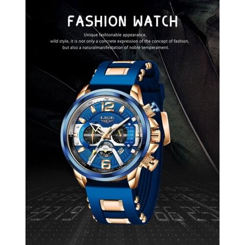 LIGE 8920 Mens Multifunction Silica Gel Band Quartz Sports Wristwatches Waterproof Fashion Business Chronograph Clock Male