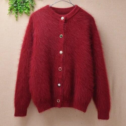 Ladies women fashion hairy fluffy mink cashmere knitted long sleeves loose cardigan angora rabbit fur winter jacket coat sweater