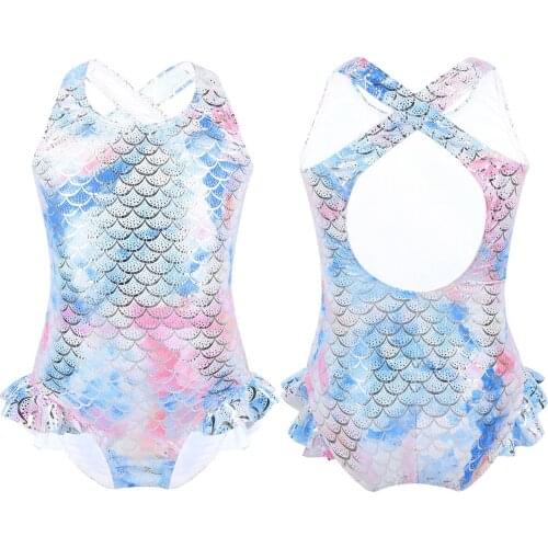 Kids Girls Shiny Mermaid Swimsuits Toddler Sparkly Scales Double Strap Criss Cross Back Swimwear Childrens Bathing Suit
