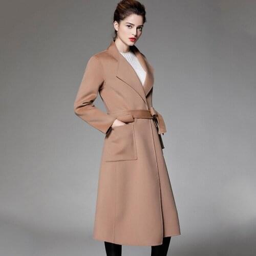 Long woolen blends cashmere coats for women 2019 autumn winter ladies jackets plus size overcoat beige color belt