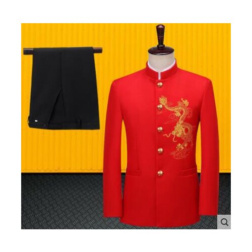 Red blazer men Chinese tunic suit set with pants Embroidered dragon formal dress mens wedding suits singer stage clothing