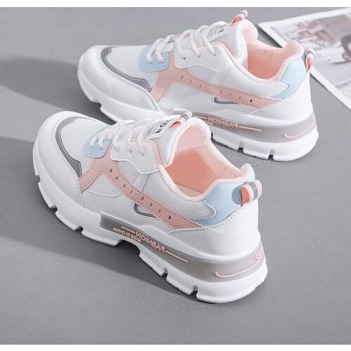 Summer Reflective Platform Sneakers Women Shoes Korean Thick Sole White Chunky Sneakers Leather Breathable Casual Vulcanize Shoe