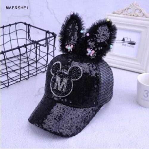 Summer Girls Cute Rabbit Ears Mesh cap Snapback Childrens Baby Sun Hat Seaside Baby Kids Sequins Hip Hop Baseball Cap