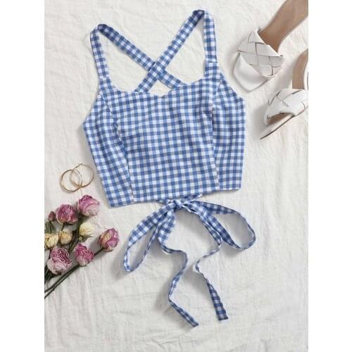 2021 Fashion Women Summer Blue Plaid Tie Halter Back Knotted Camisole Short Wrap Chest Ladies Sexy Small Vest Vacation Tank Tops