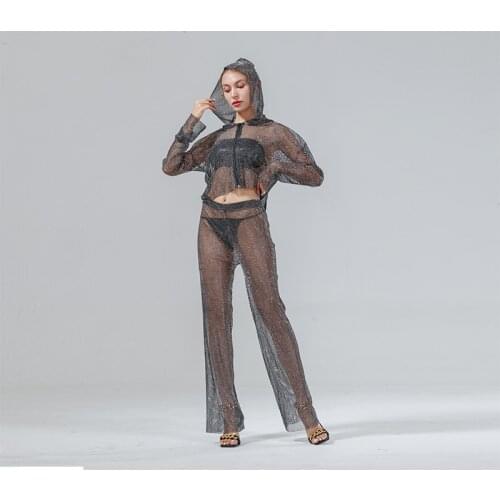 Trendy Wild Glitter Rhinestone See Through Women Two Piece Set Long Sleeve Hooded Zipper Jacket Sexy Hollow Out Elastic Pant