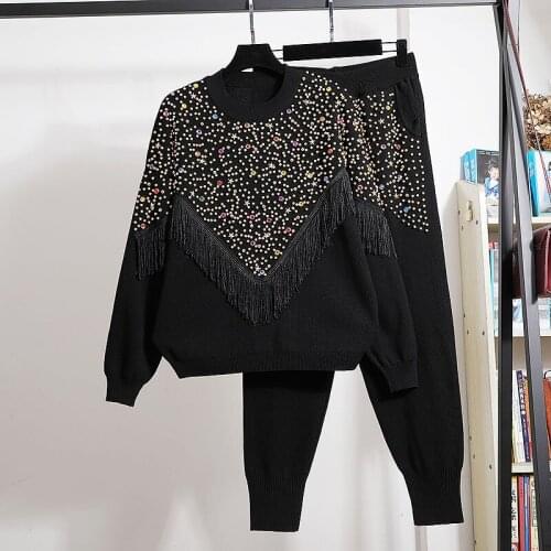 Fashion Knitted Set Women Beading Diamonds Tassel Sweater Long Pencil Pants Two Piece Outfits Female Loose Black Gray Knit Suit