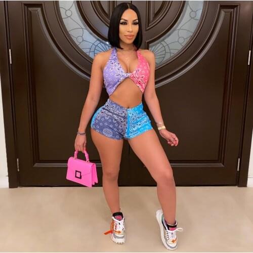 Newest Arrival Women Casual Two-piece Exercise Clothes Set Ladies Irregular Printed Pattern Crop Tops+Shorts Trainning Sets