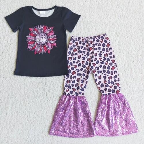 New Design Baby Girls Clothes Short Sleeve Bell Bottom Pants Sequins Fashion Kids Clothing Sets Boutique Children Clothes Outfit