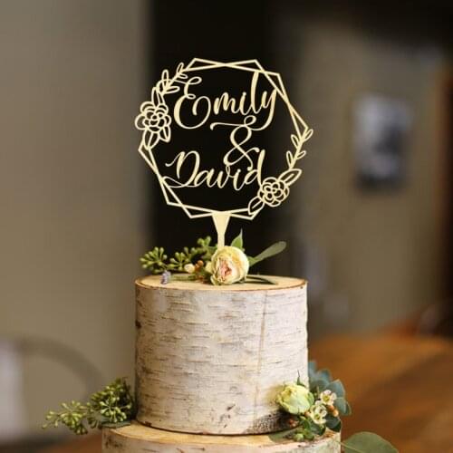 Personalized Wood Geometric Names Floral Cake Topper , Names Cake Topper, Rustic Topper, Couples Name Wedding Toppers
