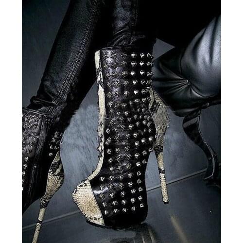 Sexy Women Stage Platform Metal Rivets Studded Snakeskin Patched Ankle Boots Ultra 16cm High Heels Night Club Botine Short Boots