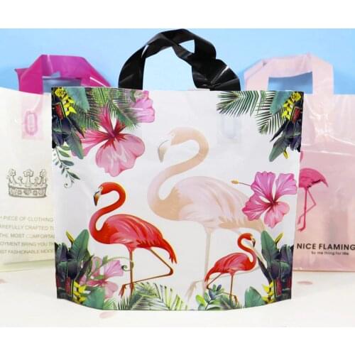 50pcs Plastic Clothing Bag with Handle Flamingo Shopping Package Bag Thank You Transparent Plastic Gift Candy Bags Wedding Party