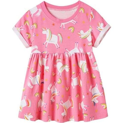 27kids Summer Girls Dress Comfortable Short Sleeve Printing Animal Horse Rainbow Cute Skirt For Kids Casual Clothes 2-7Years